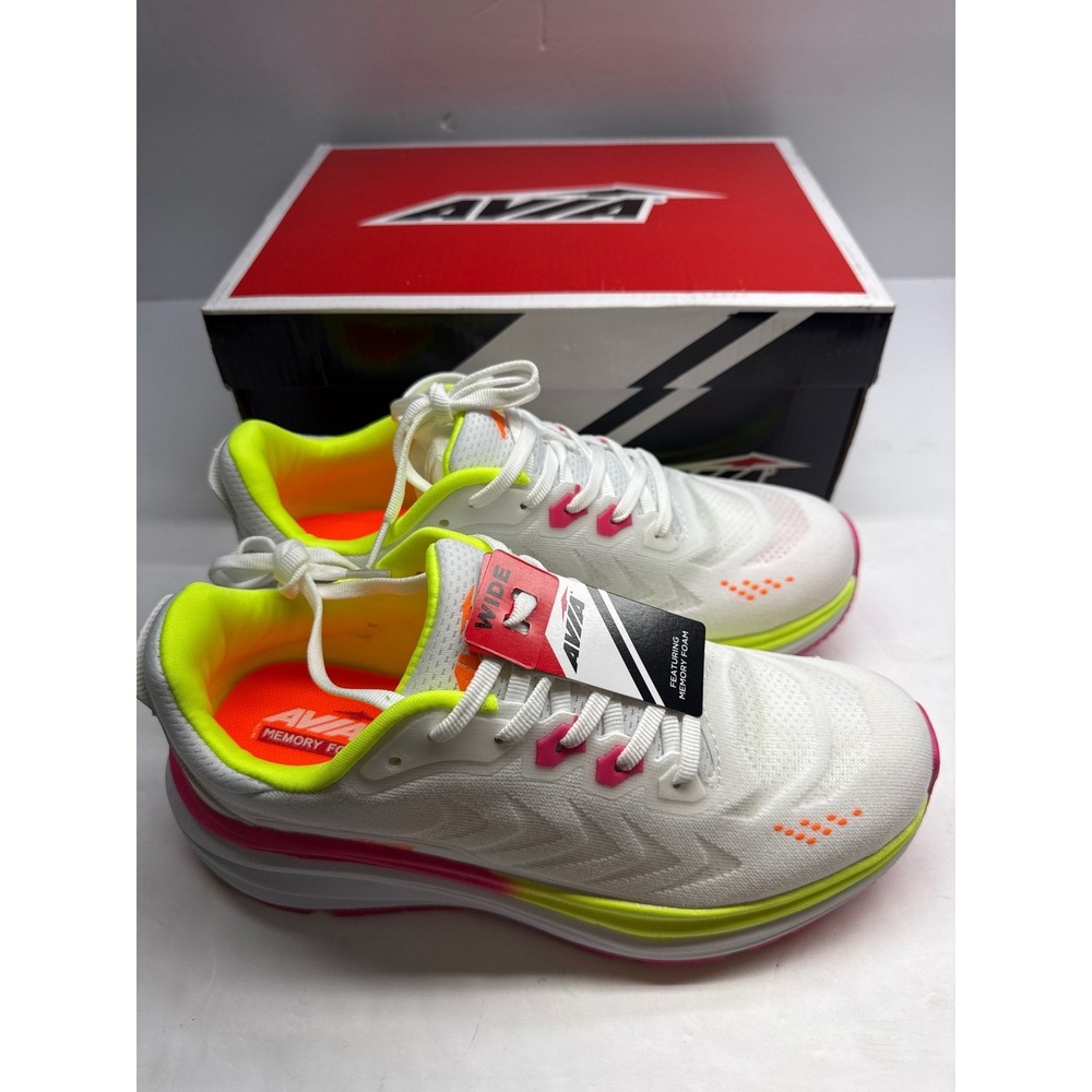 Avia Womens Wide Width Running Shoes White Neon Yellow Pink Memory Foam Sneakers